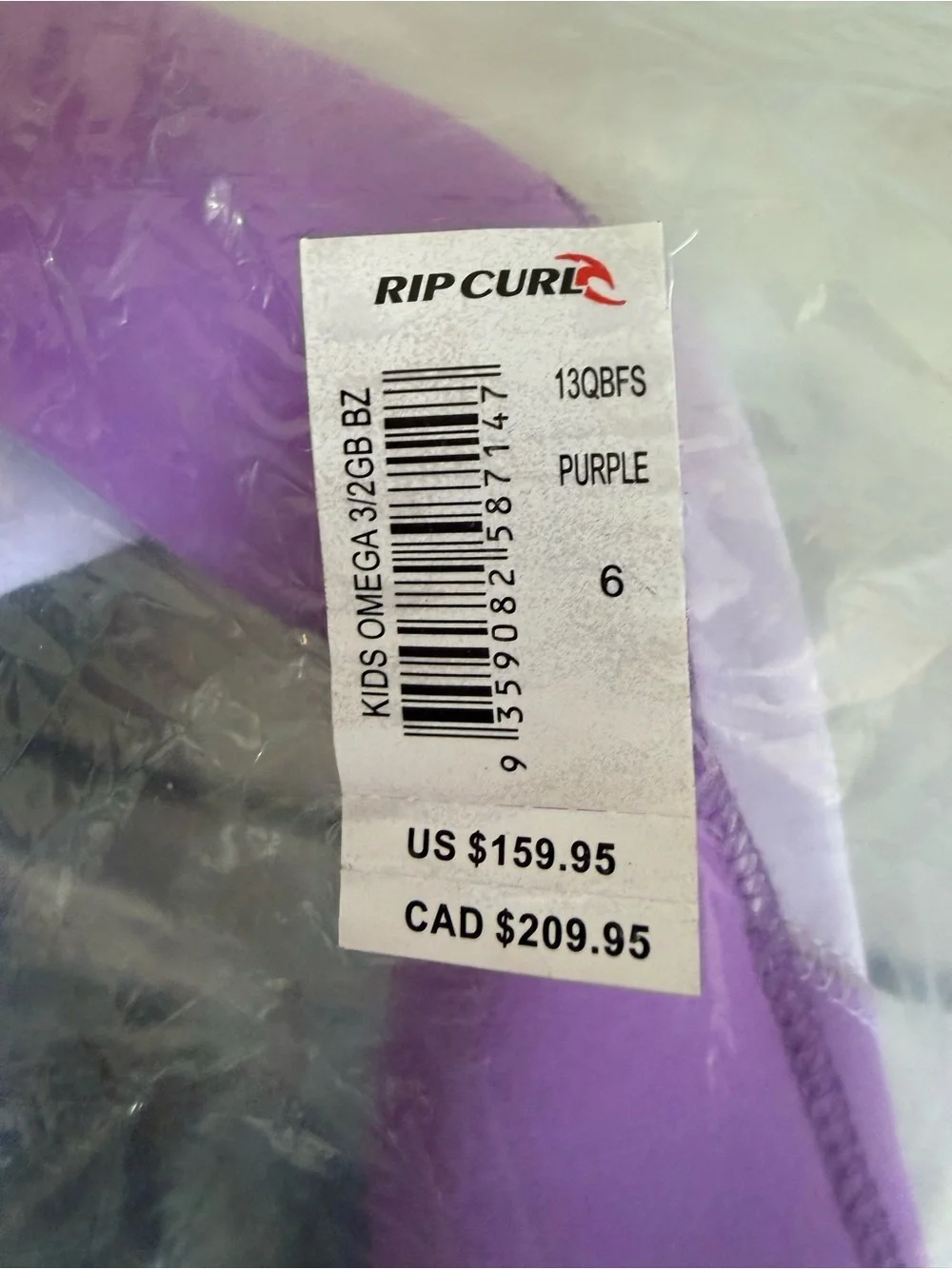 Rip Curl Kids Omega 3/2 Back Zip Purple Various Sizes NWT